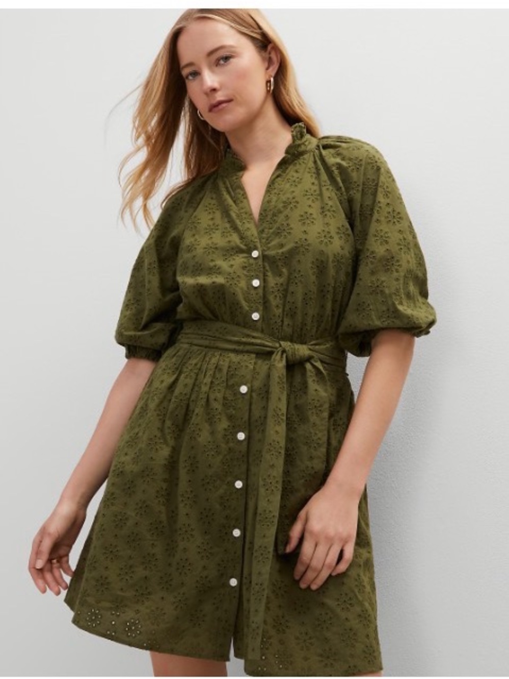 Ann Taylor Olive Green Eyelet Ruffle neck Tie-Waist Mini Dress